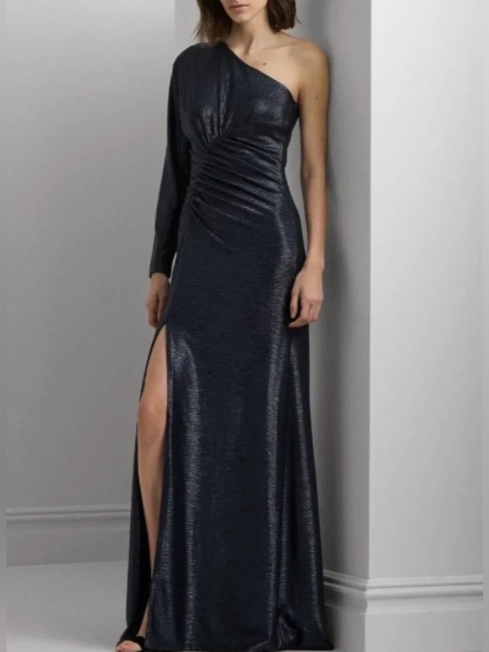 Lauren Ralph Lauren Navy Metallic Knit One-Shoulder Gown NWT Size:12